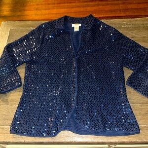 Talbots hand knit navy blue vintage sequin lite sweater Jacket holiday M EUC